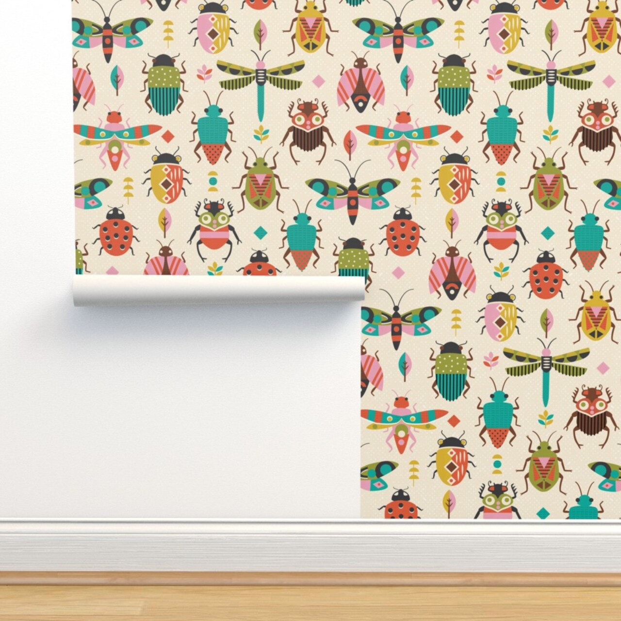 Retro Bugs Butterfly Beetles Nature Colorful Insects Dragon Fly Custom Removable Wallpaper by Spoonflower Peel & Stick Wallpaper 2FT Wide